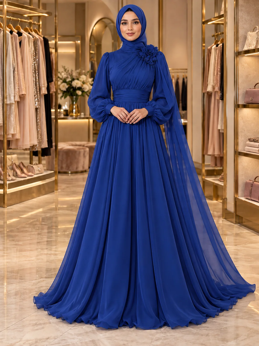 Lacivert abiye, tesettürlü model üzerinde — butik sahnesinde katalog çekimi