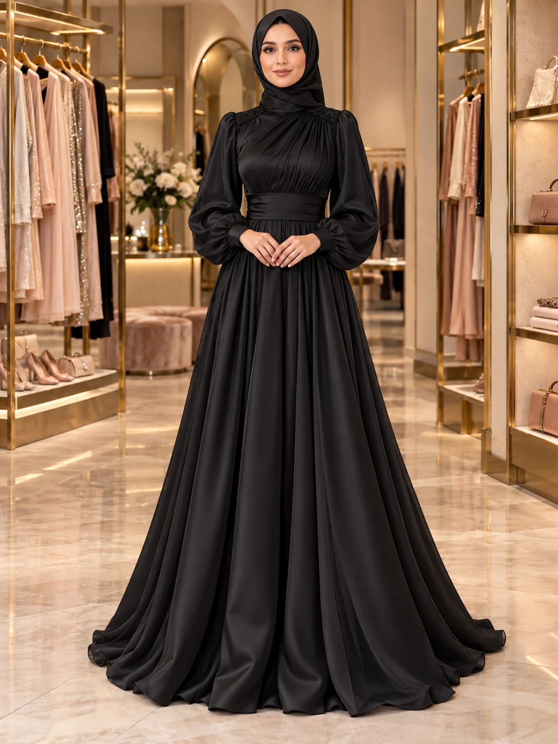 Siyah abiye, tesettürlü model üzerinde — butik sahnesinde katalog çekimi