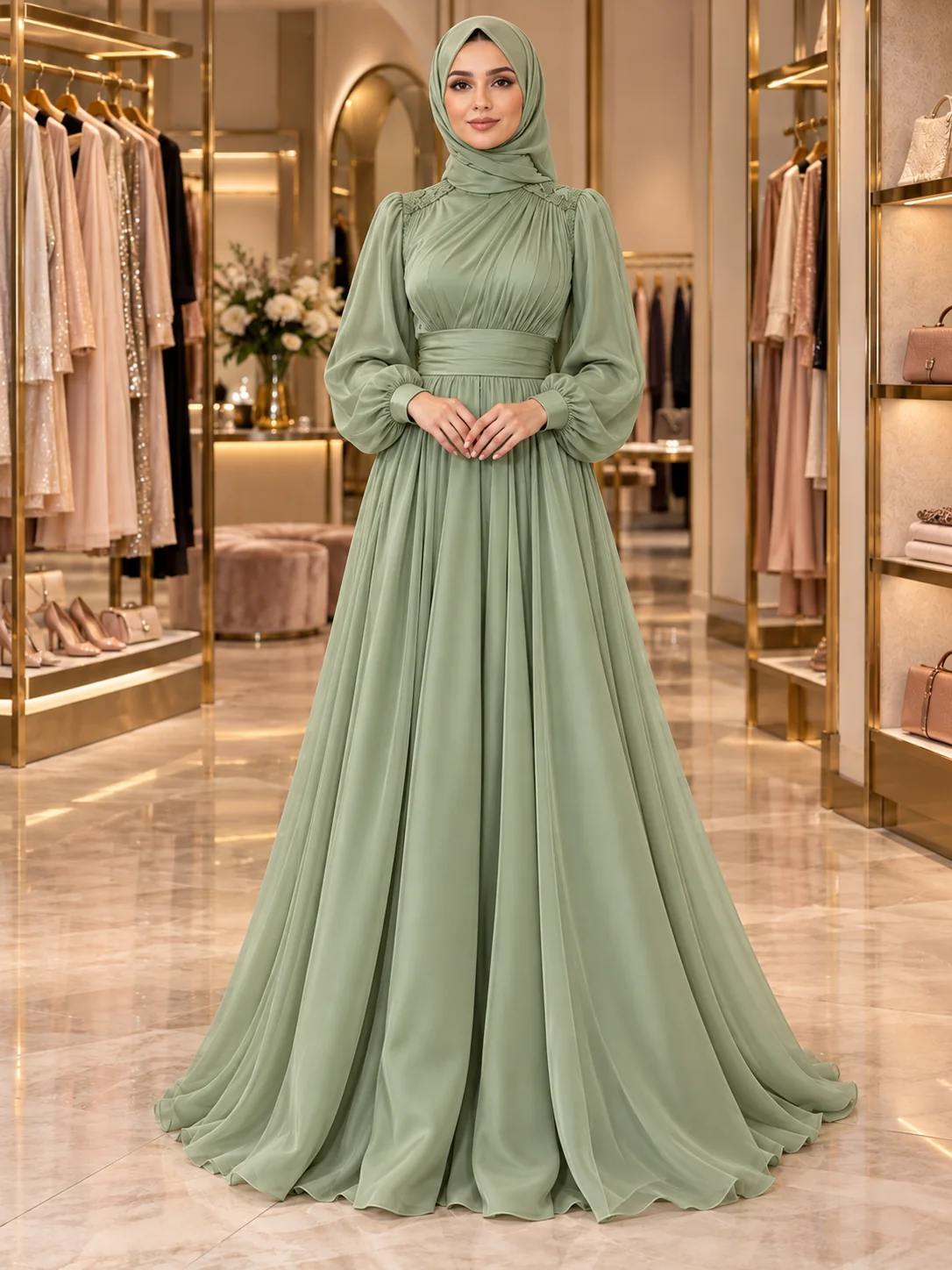 Çağla abiye, tesettürlü model üzerinde — butik sahnesinde katalog çekimi