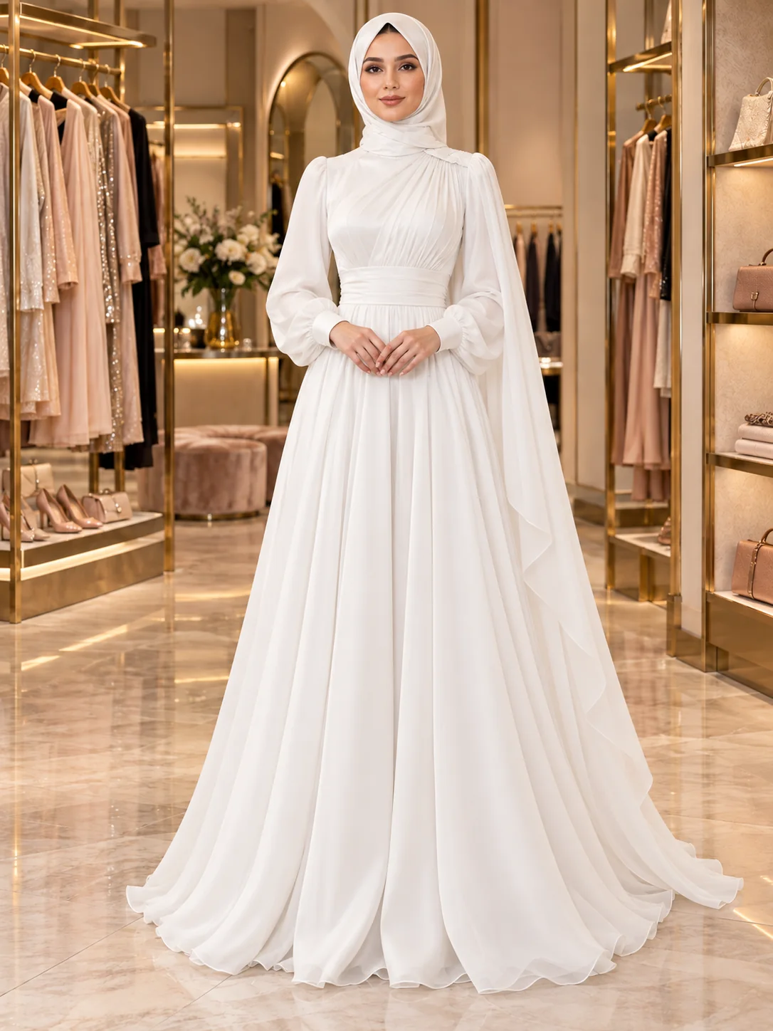 Ekru abiye, tesettürlü model üzerinde — butik sahnesinde katalog çekimi