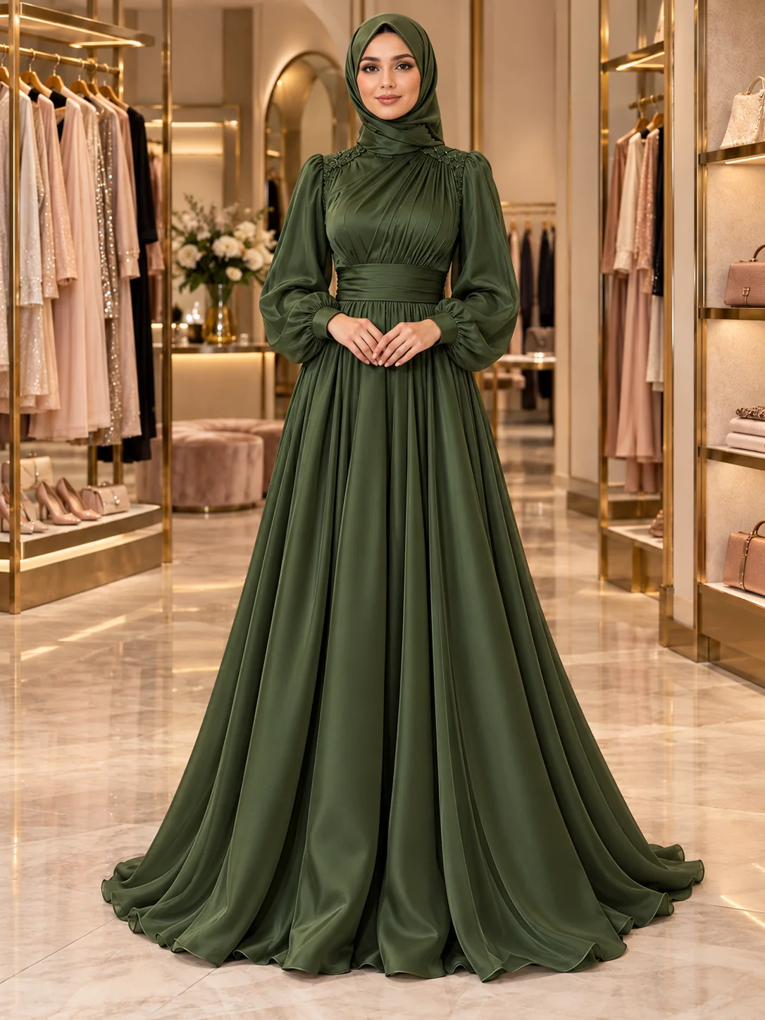 Haki abiye, tesettürlü model üzerinde — butik sahnesinde katalog çekimi