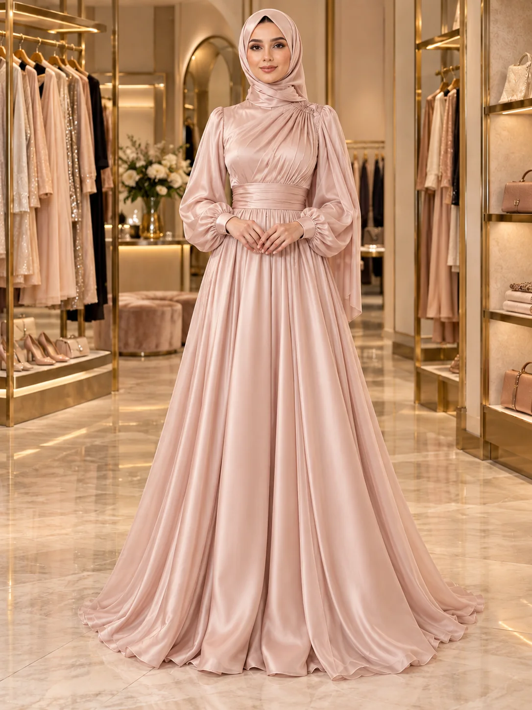 Pudra saten abiye, tesettürlü model üzerinde butik sahnesinde katalog çekimi